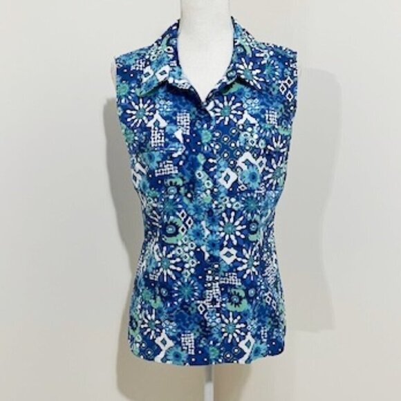 Reel Legends Mariner Blue & White Sleeveless Button Up Top Women's Size M - Picture 1 of 5